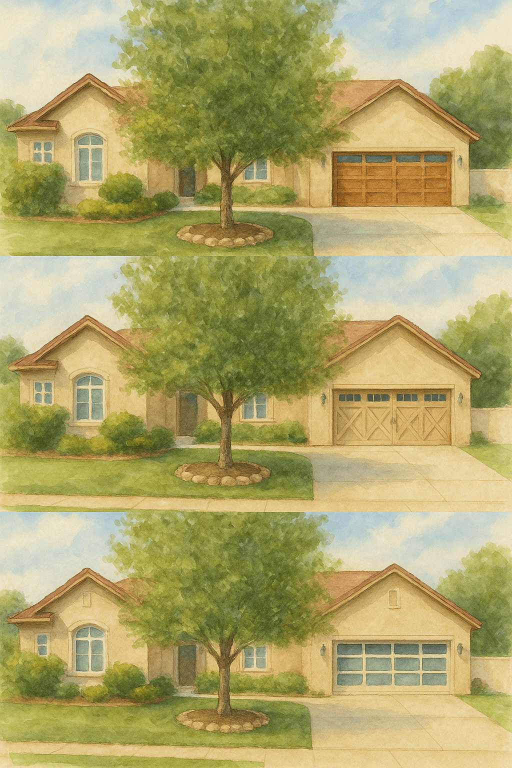Watercolor mockups showing different garage door options